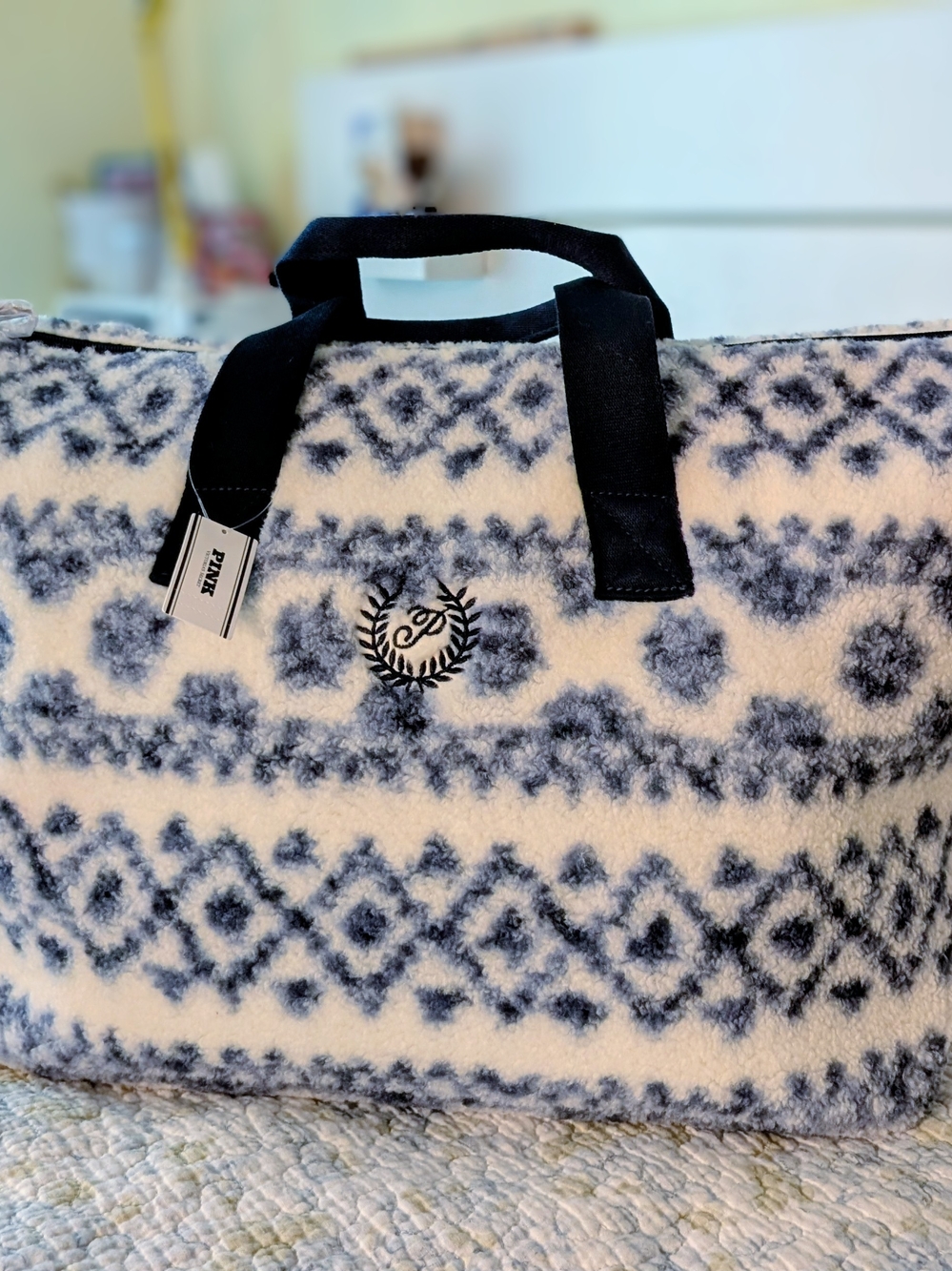 Victoria's Secret PINK Fuzzy Tote Bag in Cream And Navy